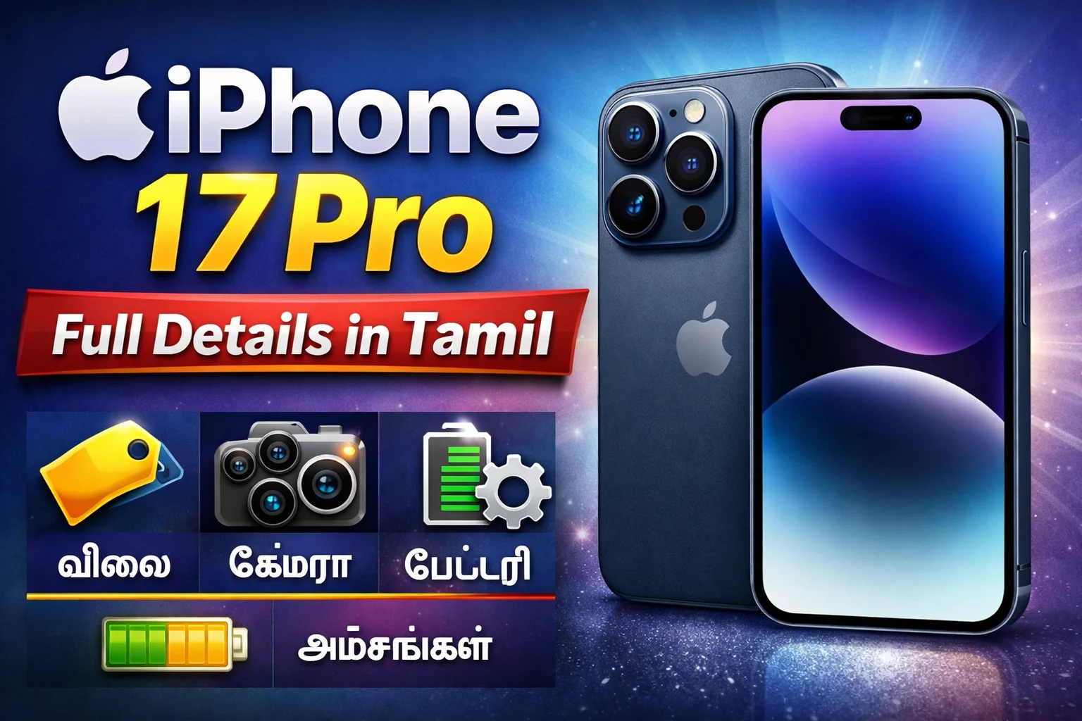 iPhone 17 Pro Full Details in Tamil thumbnail with triple camera, display, price, camera and battery icons